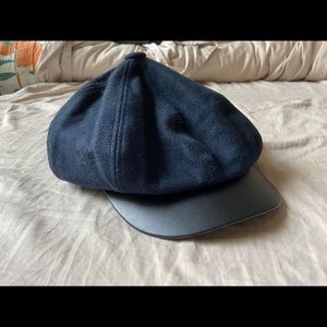 Wool Navy newsboy cap with pleather brim
